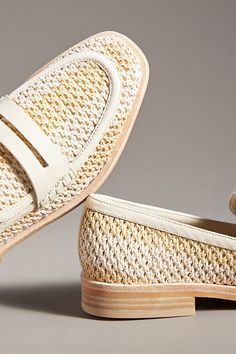 Beige Slip-ons With Woven Sole And Round Toe, Casual Woven Leather Loafers With Round Toe, Summer Leather Footbed Round Toe Loafers, Leather Flat Slip-ons With Woven Sole, Spring Woven Leather Loafers With Flat Heel, Summer Loafers With Leather Footbed And Round Toe, Summer Loafers With Leather Sole And Flat Heel, Spring Casual Woven Leather Loafers, Woven Leather Slip-on Loafers With Round Toe