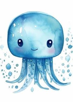 an illustration of a blue jellyfish with bubbles on it's head and eyes