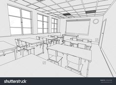 an outline drawing of a classroom with desks and chairs