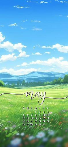 a calendar with the word may on it in front of a green field and blue sky