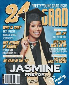 a magazine cover with a woman wearing a graduation cap and gown