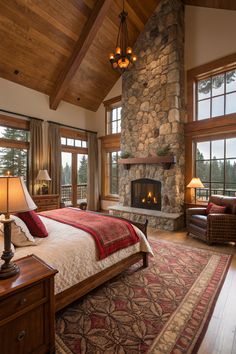 Bedroom with Fireplace Stone Hearths, Luxurious Fireplace, Bedroom With Fireplace, Mountain Lodges, Fireplace Designs, Large Stone, Mountain Lodge