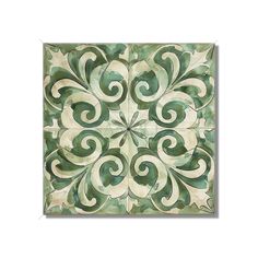 a green and white tile with swirls in the center, on a white background