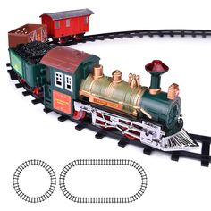 a toy train is on the track with tracks around it and an image of a red caboose