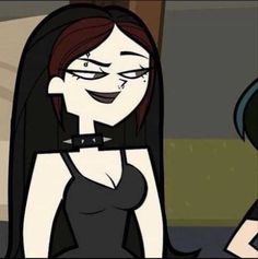 an animated image of two women with black hair and one is wearing a bra top