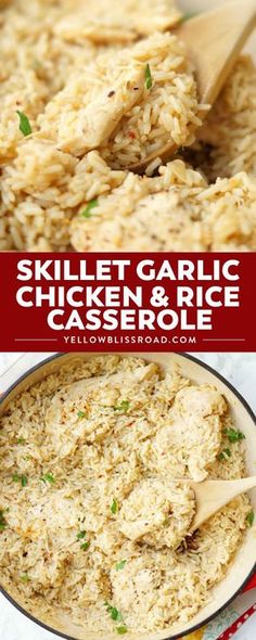 two pictures side by side with the words skillet garlic chicken and rice in it