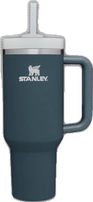 the stanley travel mug is blue and has a white lid