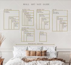 the wall art size guide is shown above a bed with pillows and blankets on it