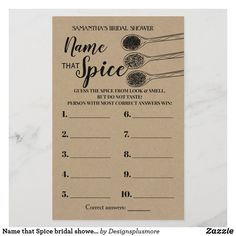 a brown card with the words name that spice written on it and two spoons