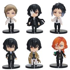 six figurines of anime characters in black and white outfits