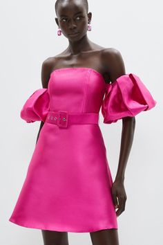 Style: Fit & Flare DressFabric: TwillLength: MiniNeckline: BandeauSleeve Length: Sleeveless Mini Dress Puff Sleeves, Structured Mini Dress, Midi Outfits, Pink Strapless Dress, Dress With Puff Sleeves, Pink Mini Dress, Design Dresses, Pink Style, African Design Dresses