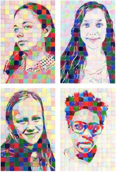 four different images of people with colored squares on them, all in the same color scheme