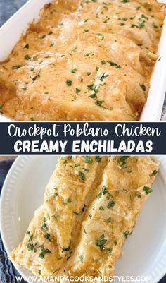 Creamy Poblano Chicken Enchiladas - Amazing homemade enchilada recipe made with slow cooker shredded chicken, poblano peppers, jack cheese and tortillas smothered in a creamy white enchilada sauce.