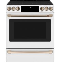 a white stove with gold trim and two burners on the front, and an oven door