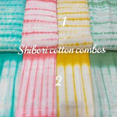 six different colors of shibori cotton combs are shown in the same row