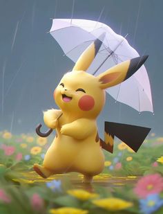 pikachu holding an umbrella in the rain with daisies around it and flowers all around