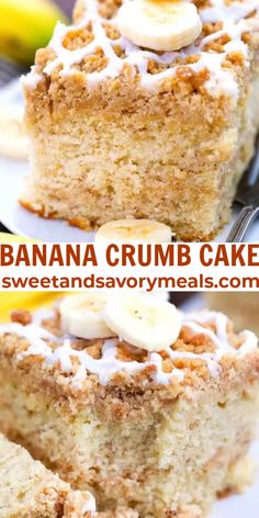 banana crumb cake with white frosting and bananas on top