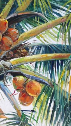 an oil painting of palm trees with fruit on them