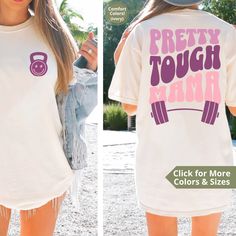 "Searching for a fun gym shirt that will express your love for working out and getting strong? Look no further than our \"Pretty Tough Mama Comfort Colors Shirt\"! This comfortable and stylish shirt is perfect for fitness activities or relaxing at home. This shirt is sure to keep you cool and comfortable all summer long with it's double-needle stitching throughout which makes it highly durable while the lack of side-seams helps the shirt retain its tubular shape.  This original cute shirt design will get great reactions from friends at the gym! Whether you're giving this shirt as a gift to a loved one or just treating yourself, we know you'll love it!   🔎 SHIRT DETAILS * Relaxed fit, please SIZE UP if you want an OVERSIZED look * Product color may slightly vary due to photographic lightin Best Friend Gym Shirts, Crew Neck T-shirt With Custom Print For Training, Pink Short Sleeve Activewear With Letter Print, Pink Workout T-shirt With Letter Print, Pink Letter Print Workout T-shirt, Pink Letter Print T-shirt For Workout, Pink Graphic Print T-shirt For Workout, Crew Neck Training T-shirt With Custom Print, Pink Relaxed Fit T-shirt For Workout