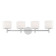 three light bathroom fixture in chrome finish with white shades on the sides and two lamps