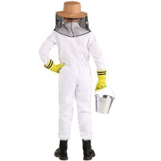 a man in bee suit holding a bucket and wearing a hat with two hands on his hips