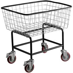 a metal basket on wheels with red casteors