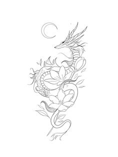 a drawing of a dragon with wings and flowers on it's back side, in black and white