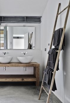 a bathroom with two sinks and a ladder