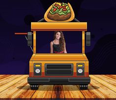 a woman is sitting in the back of a truck with a taco on top