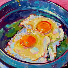 an oil painting of two fried eggs in a pan