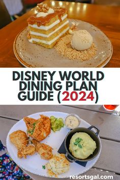 the disney world dining plan is on display in front of a table with food and desserts