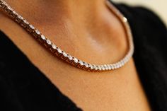 12.2 Ct Diamond Tennis Necklace, 14k Rose Gold Diamond Chain Necklace, Natural Round Diamond Prong Set, Bridal Necklace, F-G/VVS-VS, Women Ariela Diamonds presents an exceptional tennis necklace made of 14k rose gold, this piece features a 12.2 carat natural round diamonds that are set in a multi-prong setting. These diamonds are graded F-G in color and VVS-VS in clarity. This necklace is a timeless piece that will add a touch of sparkle to any outfit. A classic look just for you! You'll never tired of wearing this classic and sophisticated tennis necklace. 💍 ITEM DETAILS ✦ Metal: 14K Rose Gold ✦ Weight: 22.4 grams ✦ Total Diamond Weight: 12.2 Carat ✦ Creation Method: Natural 💍 GEMSTONE DETAILS ✦ Gemstone:  Diamond ✦ Shape: Round ✦ Carat Weight:  12.2 ✦ Color:  F-G ✦ Clarity: VVS-VS 💍 D Exquisite Diamond Necklace, Womens Diamond Necklace, Rose Gold Diamond Necklace, Diamond Chain Necklace, Diamond Tennis Necklace, Diamond Chain, Tennis Necklace, Wedding Jewellery Necklace, Rose Gold Diamonds