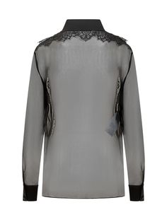 100% Silk Designer Sheer Long Sleeve Tops, Luxury Black Tops For Workwear, Luxury Black Long Sleeve Blouse, Designer Black Top With Spread Collar, Designer Black Tops With Spread Collar, Fitted Luxury Tops With Concealed Placket, Luxury Black Formal Tops, Classic Party Tops With Spread Collar, Chic Sheer Formal Shirt