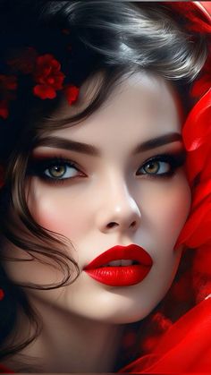 a woman with red lipstick and flowers on her head is shown in this artistic photo