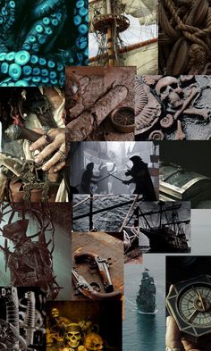 a collage of photos with various things in them including an octopus, ship, and man