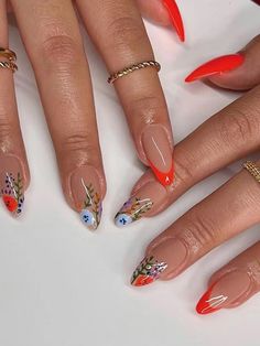 Multicolor  Collar   Floral Color Nails Embellished   Beauty Tools Long Almond, Lines Design, Nails Tips, School Nails, Fake Nails With Glue, Snowflake Designs, False Nail, Nail Supply