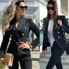 Black Women's Suits Slim Fit Double Breasted Office Ladies Blazer Formal Party Womens 3 Piece Suit, Ladies Blazer, Women's Suits, Fashion Business Casual, Double Breasted Jacket, Formal Party, Suit Fashion, Office Ladies, Blazers For Women