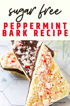 two pieces of peppermint bark recipe on a plate with text overlay that reads sugar free peppermin bark recipe