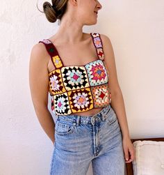 Cute Multicolor Patchwork Tops, Multicolor Patchwork Tank Top For Summer, Sleeveless Summer Crop Top With Patchwork, Bohemian Patchwork Tank Top For Summer, Summer Beach Tank Top With Patchwork, Cotton Crochet Top With Granny Square For Festival, Hippie Crochet Lace Cotton Top, Hippie Crochet Lace Top In Cotton, Hippie Granny Square Crochet Top For Summer