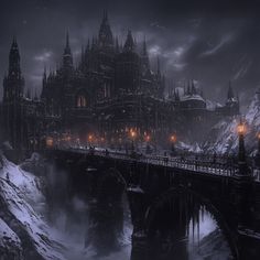 an image of a gothic castle in the snow at night with people walking on it