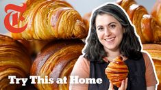 a woman standing in front of stacks of croissants with the words try this at home