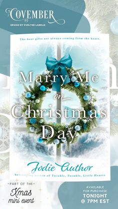 the cover for merry me and christmas day, featuring a wreath with blue balls on it