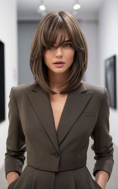 Short Layer Haircut For Women, Haircut Style For Women 2024, Layers Cut For Short Hair, Dark Brown Lob With Bangs, Selena Haircut, New Haircuts 2024, Layered Hair For Short Hair, Hair Cuts Short For Women, Medium Hair Cuts Idea