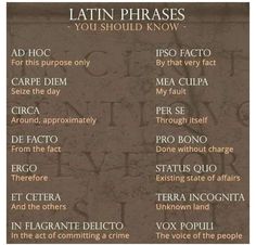 latin phrases you should know about in english and spanish, with pictures on the back