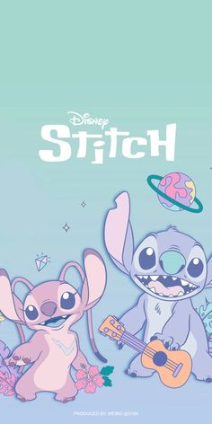 stitch and stitch characters playing guitar together in front of a blue background with the words stitch on