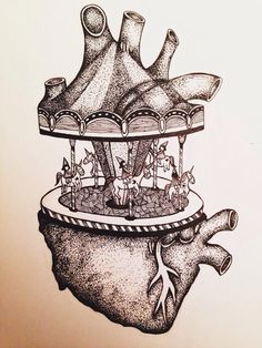 a drawing of a carnival ride in the shape of a human heart with horses on it