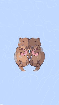 two teddy bears sitting next to each other on a blue background with water and clouds