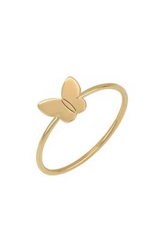 This 14-karat-gold ring topped with a dainty butterfly adds whimsy to your stack. 1/4"W x 1/4"L setting; 1/8" band width 14k gold Imported Adjustable Butterfly Shaped Yellow Gold Jewelry, Dainty 14k Gold Butterfly Jewelry, Dainty Rings With Butterfly Charm, Dainty Yellow Gold Butterfly Jewelry, Dainty Butterfly Rings With Charm, Dainty Butterfly Charm Rings, Dainty Butterfly Yellow Gold Jewelry, 14k Gold Butterfly Ring, Butterfly Shaped 14k Gold Wedding Jewelry