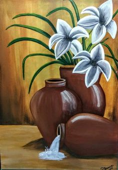 a painting of white flowers in a brown vase with water coming out of the bottom