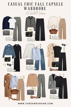 Discover the ultimate guide to a casual chic fall capsule wardrobe! This blog post breaks down your fall wardrobe essentials and fall basics into classy, cozy, and stylish staples. Find out how to create casual chic fall outfits. Perfect autumn outfits and fall outfits for women with these 15 fall outfit ideas. Elevate your fall style effortlessly! Classic Business Casual Outfits, Women's Autumn Outfits Over 50, Autumn Woman Outfits, Basic Staples Outfits, Classic Outfits Ideas, Fall Outfits Women Europe, Autumn Outfits In Europe Women, Feminine Capsule Wardrobe Fall, Paris Outfits For Spring